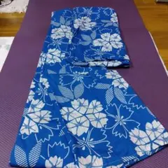 青色 花柄 綿浴衣リメイク材料古布