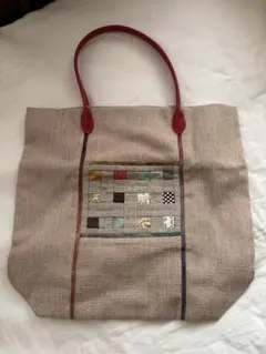パッチワーク風エコバッグ ベージュ 赤いハンドル