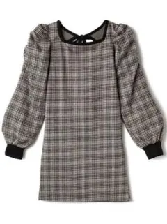 チェック柄バックオープンリボンパワーショルダーワンピース[sf688]