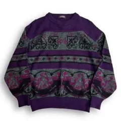 値下【VINTAGE】80s 90s 総柄 レトロビンテージニット 派手 個性派