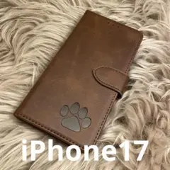 iPhone17 茶色　手帳型スマホケース　レザー　肉球　犬　猫　シンプル