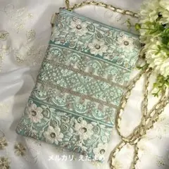 スマホショルダー スマホポシェット サコッシュ インド刺繍リボン 淡ミントブルー