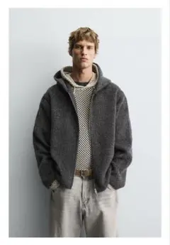 【完売品】 グレー ZARA フェイクファーシャツジャケットフード付き M