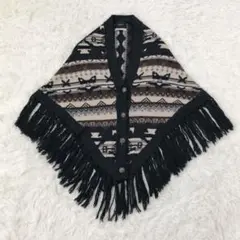 CONQUEST ポンチョ　フリンジ付　幾何学模様　ニット　袖通し無　ウール混
