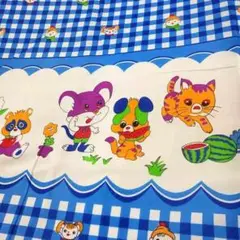 レトロ カラフル動物キャラクター生地 青 1m × 0.88m ハンドメイド素材