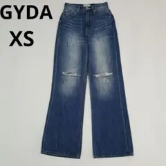 GYDA ハイウエスト KNEE ダメージ ワイド デニムパンツ ブルー XS