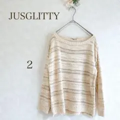 JUSGLITTY ニット　長袖　ボーダー　ラメ　リボン　ベージュ　上品
