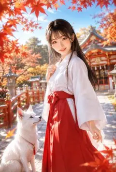 秋の神社　紅葉　わんこ　犬　巫女さん　美人画　イラスト　絵　もみじ　　B61