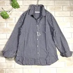 ギンガムチェックブラウス　長袖シャツ　ネイビー　Mサイズ