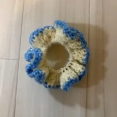 【即日発送】手編み・かぎ編み フリルシュシュ 水色×ホワイト