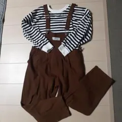 韓国子供服 ブラウンオーバーオール ストライプカットソー付き