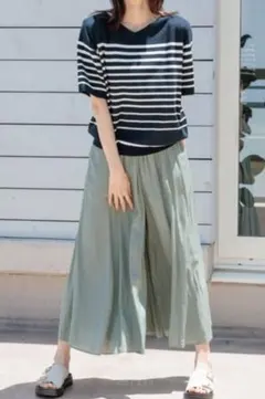 GLOBAL WORK さらさらリラックスフレアワイドパンツ　L　ライトグリーン