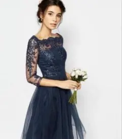 【新品】オフショルダー ネイビー レース チュール ドレス M