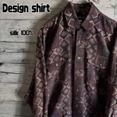 VINTAGE　柄シャツ　ポリシャツ　幾何学模様　総柄　長袖 メンズM