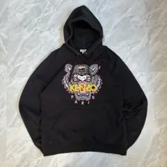 【人気モデル】KENZO ブラック プルオーバーパーカー タイガー ロゴ刺繍 L