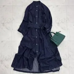 美品✨マカフィー　デニムシャツ ワンピース　ベルト付き　バンドカラー　スリット