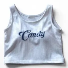 ロゴ刺繍 リブニット ショート丈 タンクトップ ホワイト　青　ラインストーンのサムネイル