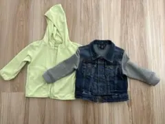 ライムグリーン フード付きカットソー & デニムジャケット セット