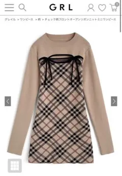 チェック柄フロントオープンリボンニットミニワンピース[ru1372]