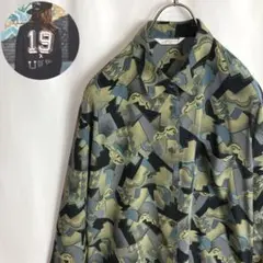 レトロ古着 総柄ポリシャツ 長袖 アート柄 クレイジーパターン 黒色S かわいい