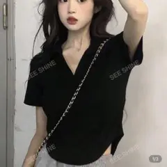 shein ブラック 半袖ポロシャツ