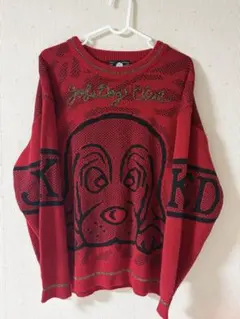 古着犬プリント レッドオーバーサイズニット