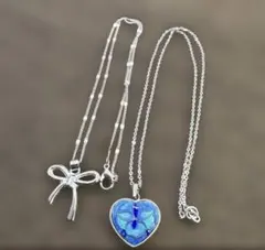 青色ハート型ペンダントとリボンネックレスセット