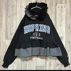 リメイク❣デニムフリル付きスウェットパーカー 長袖カレッジロゴブラック【古着】