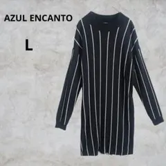 【AZUL ENCANTO】 黒と白のストライプ長袖ニットワンピース Lサイズ