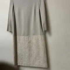 自由区　膝丈ドッキングワンピース　ベージュ　グレー　ツイード　L