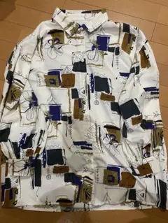 90s 柄シャツ 日本製 英語 記号 アシンメトリー 長袖シャツ ポリシャツ 