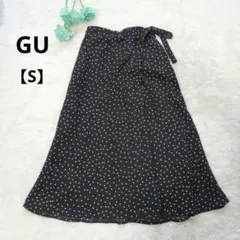 GU ドット柄 フレアミディスカート ラップ風 リボン 黒【S】