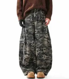超極太 カモフラージュ柄 カーゴパンツ バギーパンツ 迷彩 ストリート