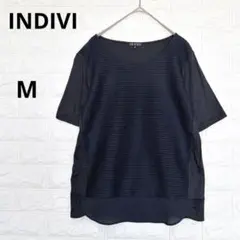 インディヴィ カットソー 異素材 前後切替 メッシュ風 綿混 M 紺 P2690のサムネイル