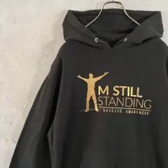 ヴィンテージ　パーカー　プルオーバー　ビッグプリント　裏起毛　黒　M IW12