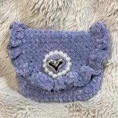 紫のフリルポーチ ハンドメイド 編み物 ケース 小物入れ