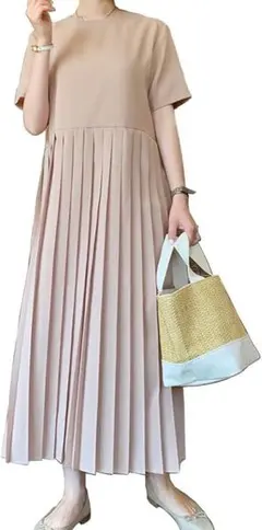 B34【上品プリーツ】プリーツ ロングワンピース 半袖 フレア アイボリー