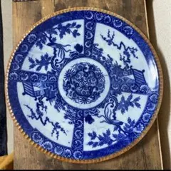 全体的に青い　大皿　直径約30㎝　高さ約3㎝　昭和　縁起物　花　鳥　ふちは茶色