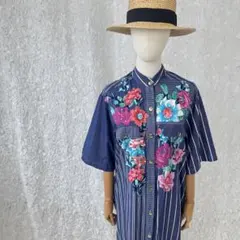 イタリア製 花柄×ストライプ ビジュー シャツワンピース