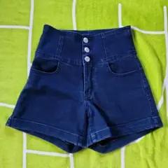 ダークブルー ハイウエスト ショートパンツ