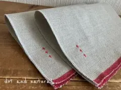 new♪ 厚手リネン 赤ミミナチュラルグレー ティーマット2枚セット と ポーチ