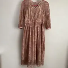 ピンク レース Vネック 長袖 ワンピース