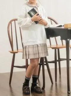 【mezzo piano】 ネクタイつきチェックプリーツ　ドッキングワンピース