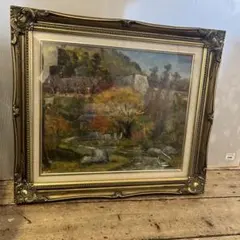 油彩画 風景画 森と川の絵画 額縁付き - メルカリ