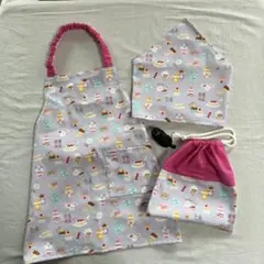 子供用エプロン　三角巾　袋　セット　スウィーツ柄　ハンドメイド　110前後