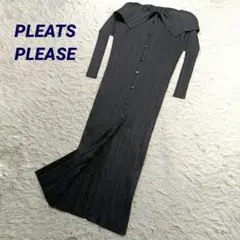 極美品✨プリーツプリーズ　ビッグカラー　変形襟　マキシワンピース　3