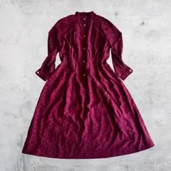 vintage 総柄 長袖ワンピース Aライン バーガンディ 上質 昭和レトロ