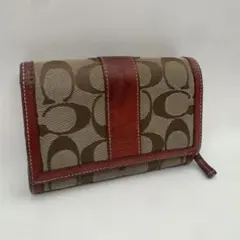 【美品】COACH コーチ 二つ折り財布 シグネチャー レッド 赤 レザー