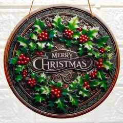 クリスマスと柊の木製プレート　クリスマス飾り柊　直径２０㎝　紐（１本）付属　新品