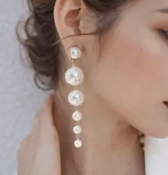揺れる パール ロングピアス 上品 高見え 韓国 結婚式 ゴールド